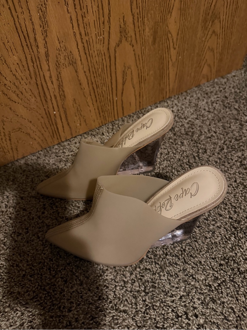 Cape Robbin Taupe Slip-On Mule with Clear Block Heel